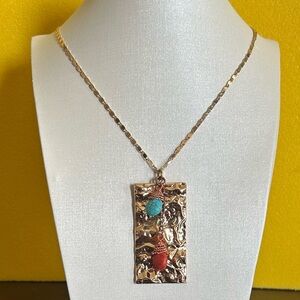 Gold Pendant Necklace with Turquoise and Coral Accents